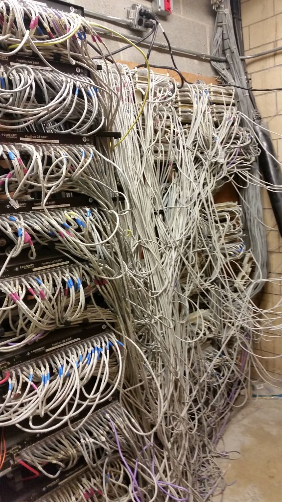 Commercial Network Wiring Disaster Before Cleanup